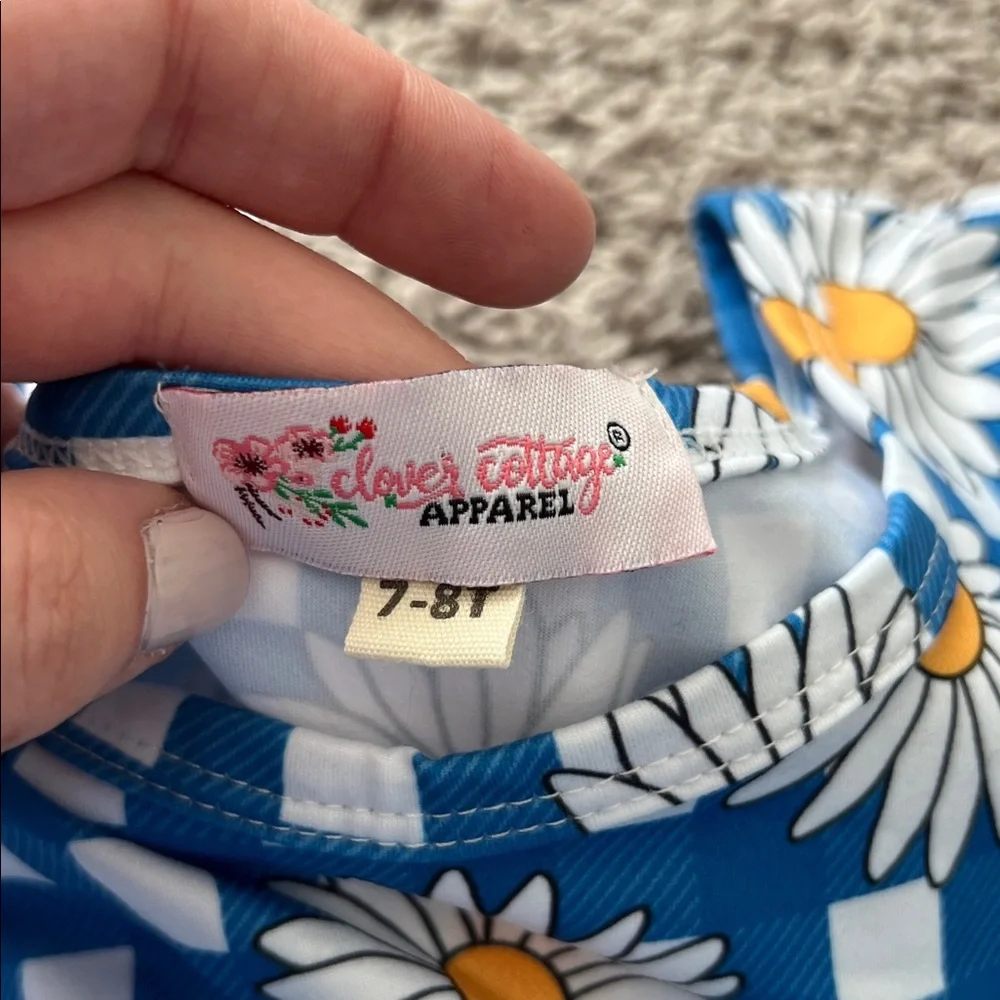 Clover Cottage Apparel Blue White Sunflower Pocket Dress